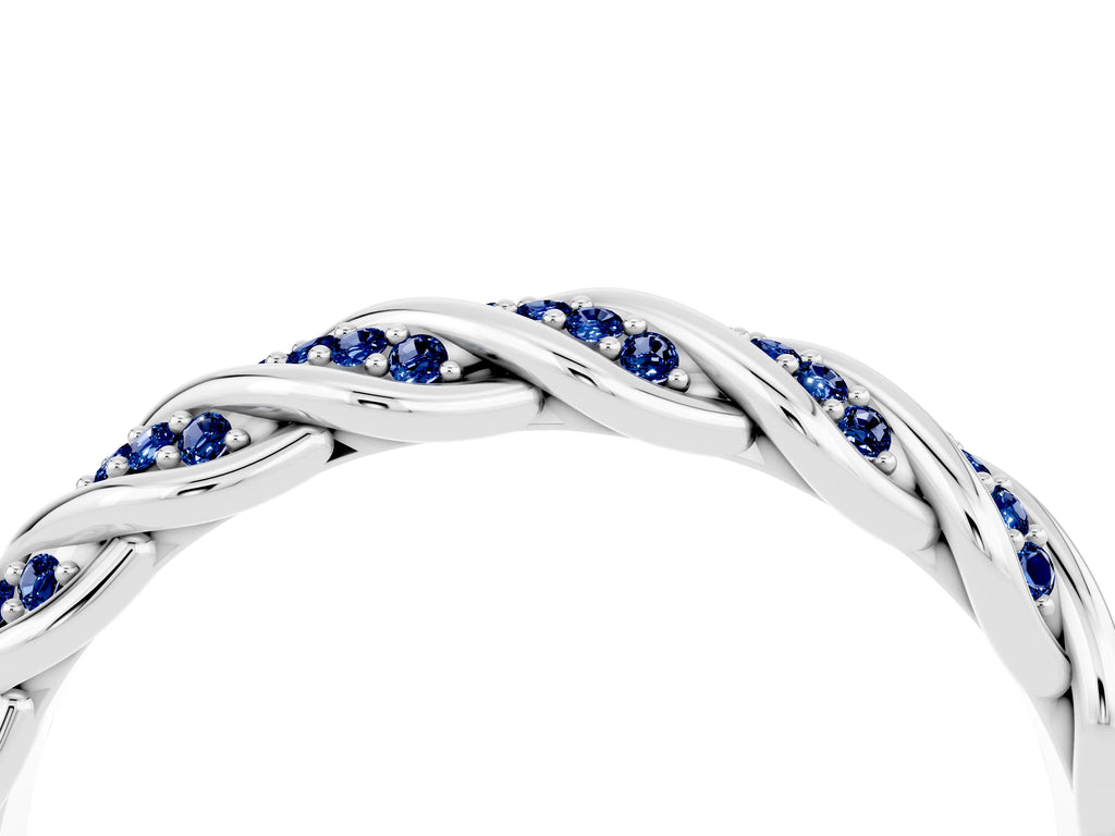 Twisted Pavé Round Blue Sapphire Eternity Band in Silver with Shared Prong Setting