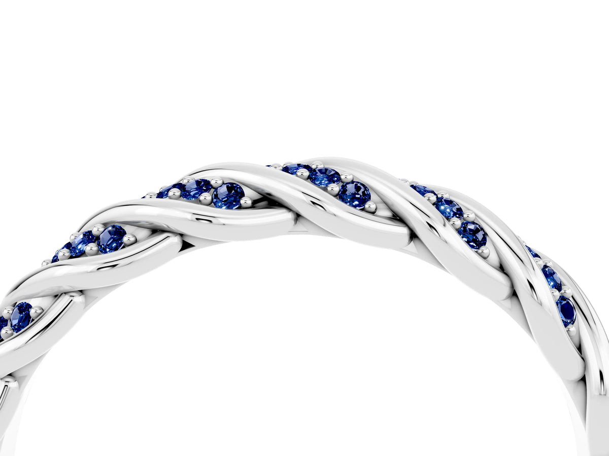 Twisted Pavé Round Blue Sapphire Eternity Band in Silver with Shared Prong Setting