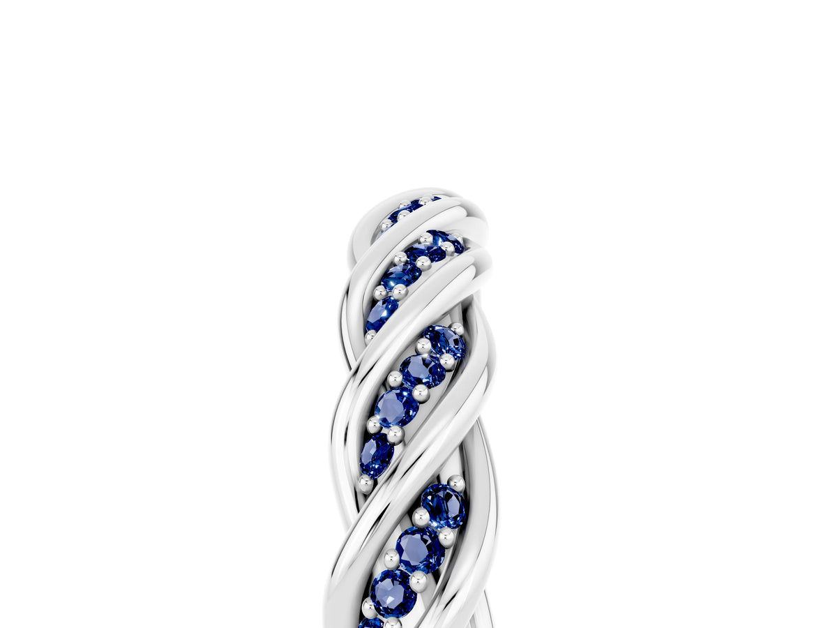 Twisted Pavé Round Blue Sapphire Eternity Band in Silver with Shared Prong Setting