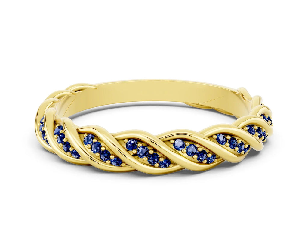 Twisted Pavé Round Blue Sapphire Eternity Band in Yellow gold with Shared Prong Setting 
