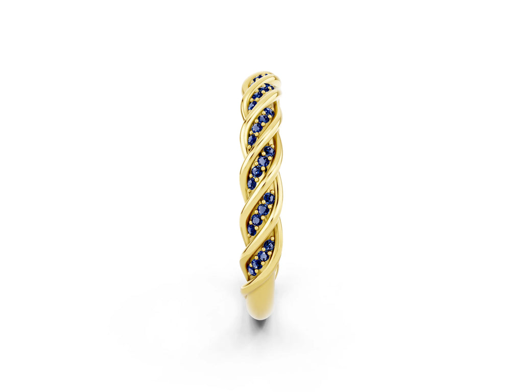 Twisted Pavé Round Blue Sapphire Eternity Band in Yellow gold with Shared Prong Setting