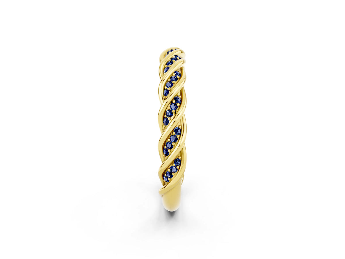 Twisted Pavé Round Blue Sapphire Eternity Band in Yellow gold with Shared Prong Setting