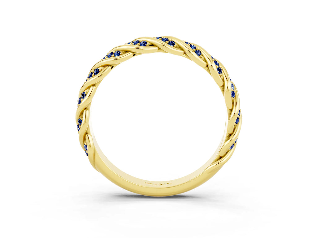 Twisted Pavé Round Blue Sapphire Eternity Band in Yellow gold with Shared Prong Setting