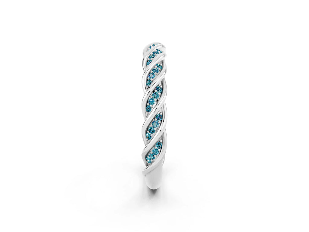 Twisted Pavé Round Blue Topaz Eternity Band in Silver with Shared Prong Setting