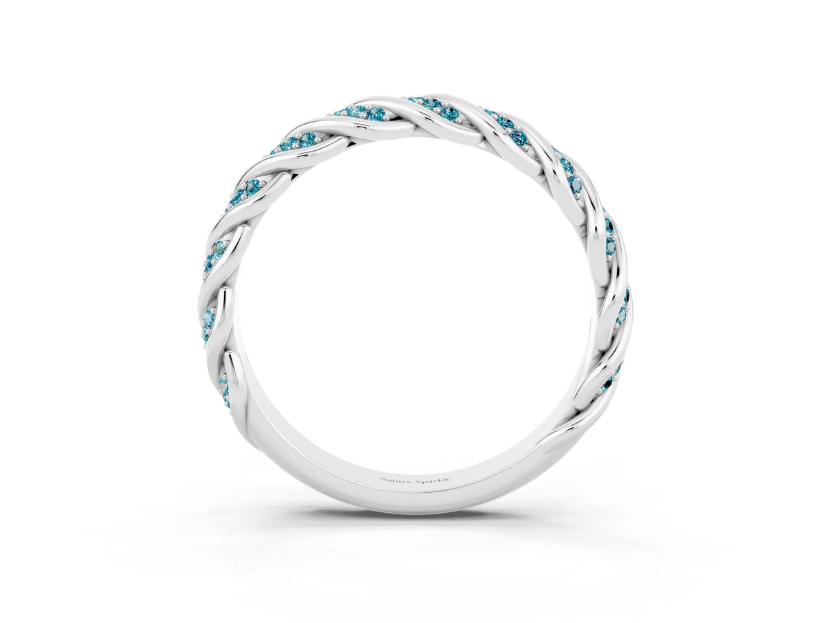 Twisted Pavé Round Blue Topaz Eternity Band in Silver with Shared Prong Setting