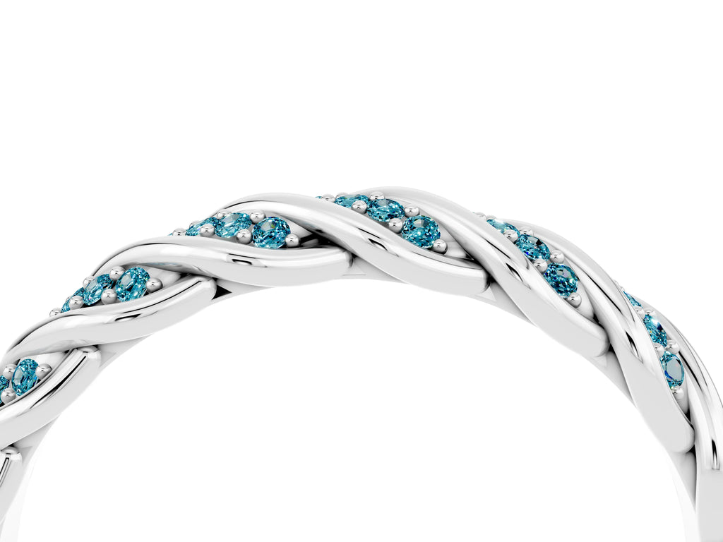 Twisted Pavé Round Blue Topaz Eternity Band in Silver with Shared Prong Setting