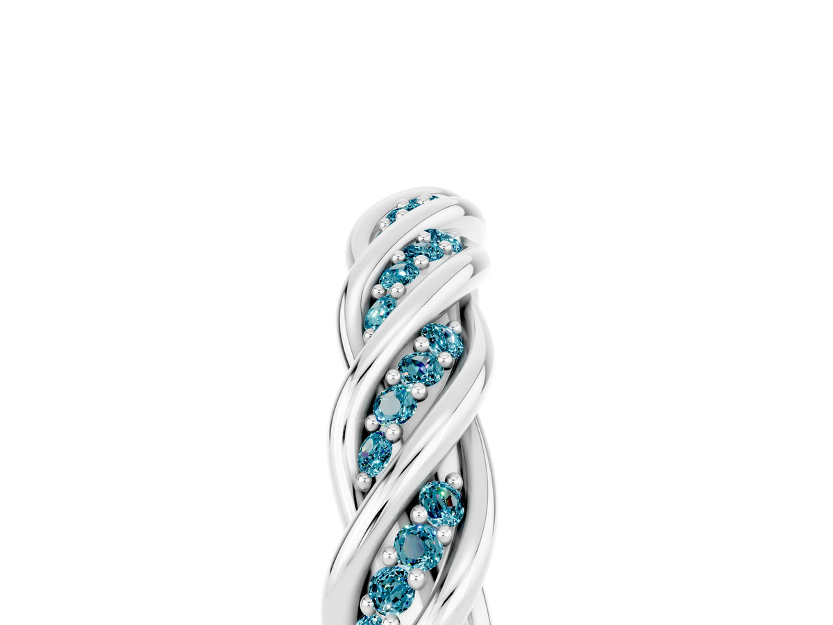 Twisted Pavé Round Blue Topaz Eternity Band in Silver with Shared Prong Setting