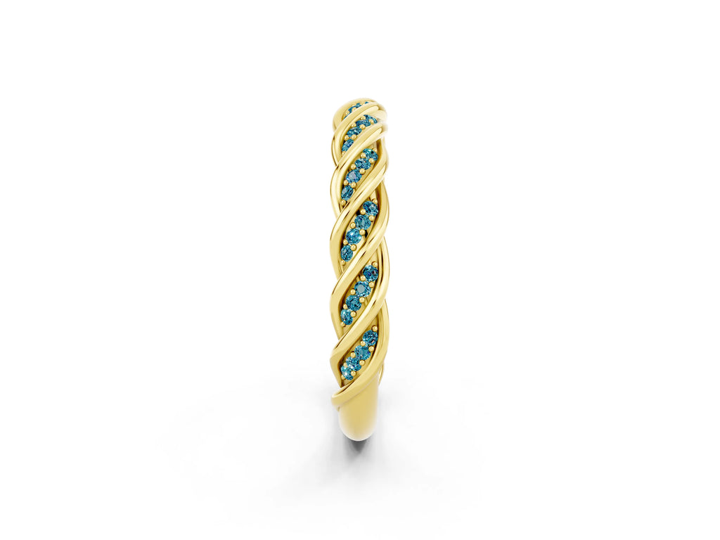 Twisted Pavé Round Blue Topaz Eternity Band in Yellow gold with Shared Prong Setting