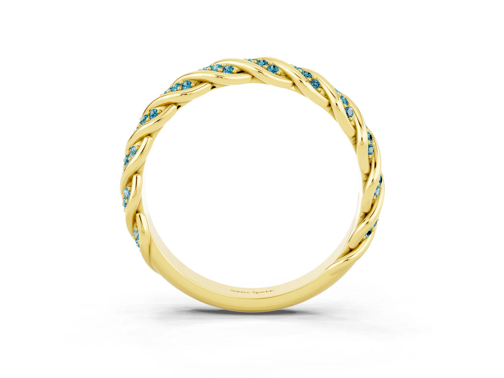 Twisted Pavé Round Blue Topaz Eternity Band in Yellow gold with Shared Prong Setting