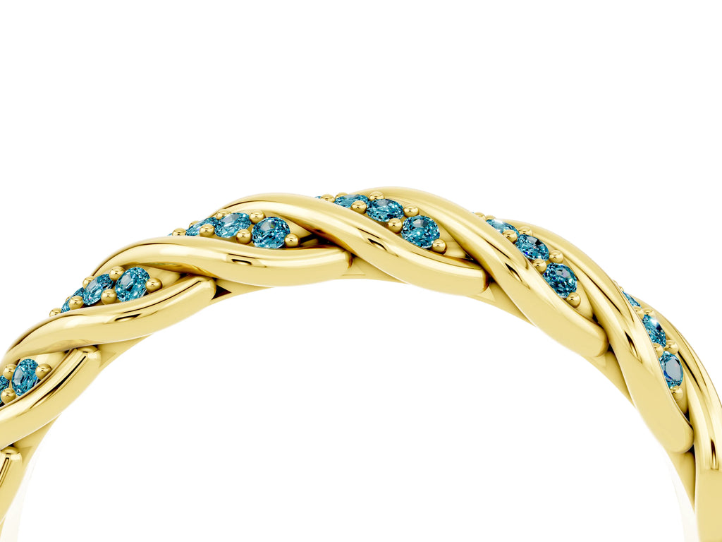 Twisted Pavé Round Blue Topaz Eternity Band in Yellow gold with Shared Prong Setting