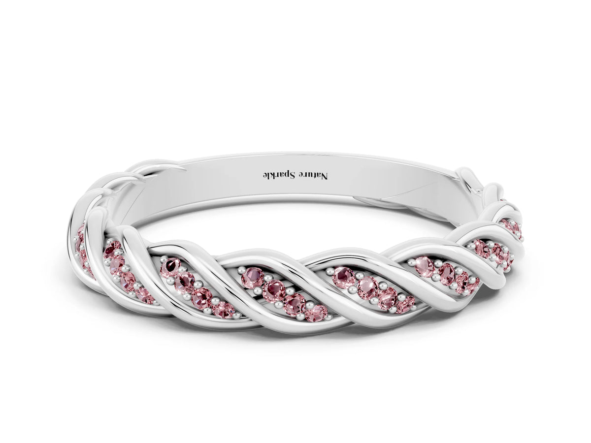 Twisted Pavé Round Morganite Eternity Band in Platinum with Shared Prong Setting