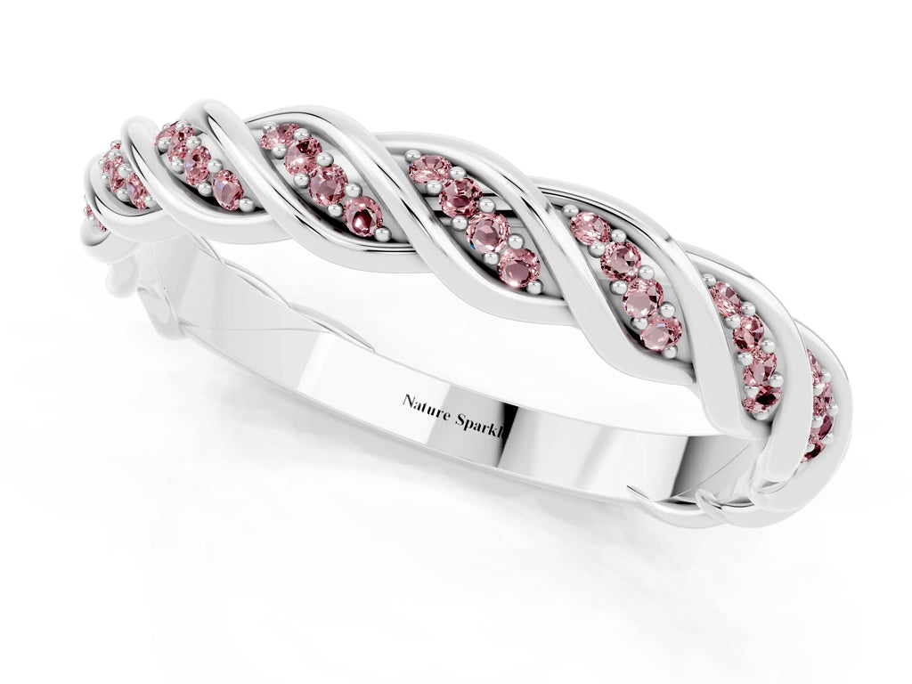 Twisted Pavé Round Morganite Eternity Band in Platinum with Shared Prong Setting
