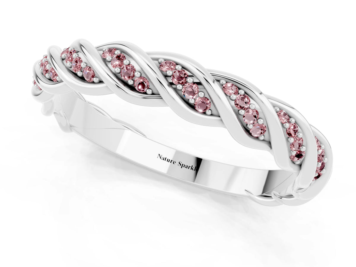Twisted Pavé Round Morganite Eternity Band in Platinum with Shared Prong Setting
