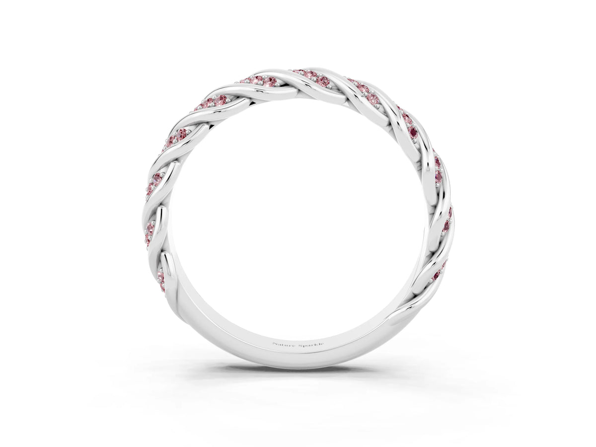 Twisted Pavé Round Morganite Eternity Band in Platinum with Shared Prong Setting