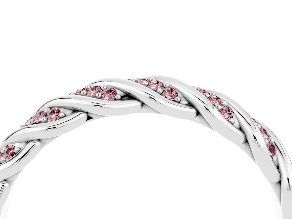 Twisted Pavé Round Morganite Eternity Band in Platinum with Shared Prong Setting