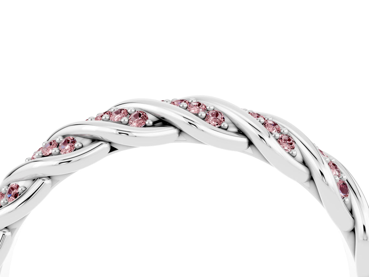 Twisted Pavé Round Morganite Eternity Band in Platinum with Shared Prong Setting
