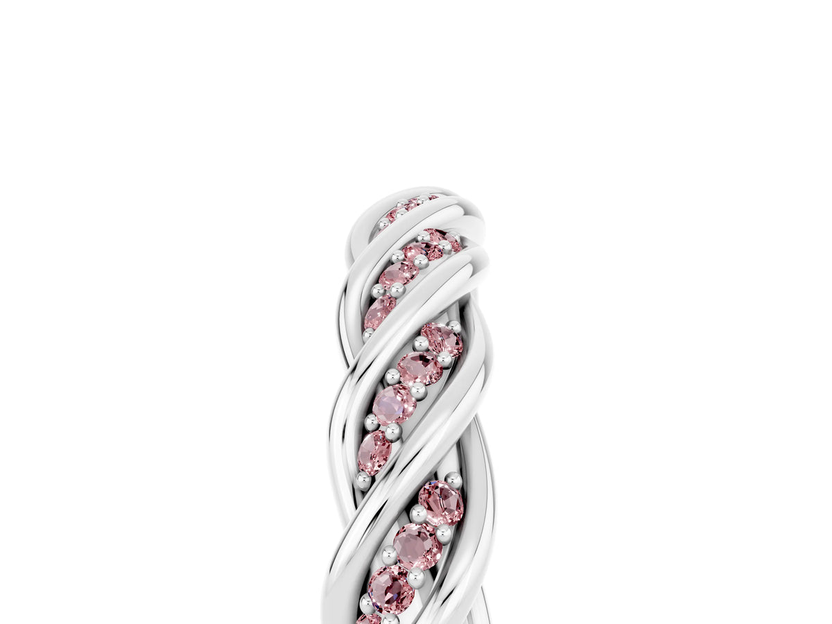 Twisted Pavé Round Morganite Eternity Band in Platinum with Shared Prong Setting
