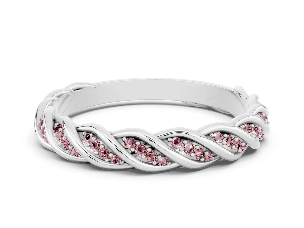 Twisted Pavé Round Morganite Eternity Band in Silver with Shared Prong Setting 