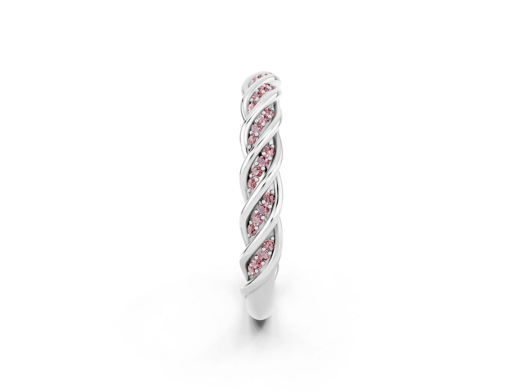 Twisted Pavé Round Morganite Eternity Band in Silver with Shared Prong Setting