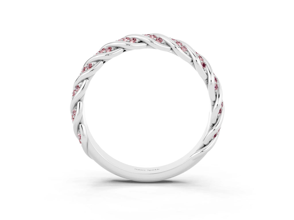 Twisted Pavé Round Morganite Eternity Band in Silver with Shared Prong Setting