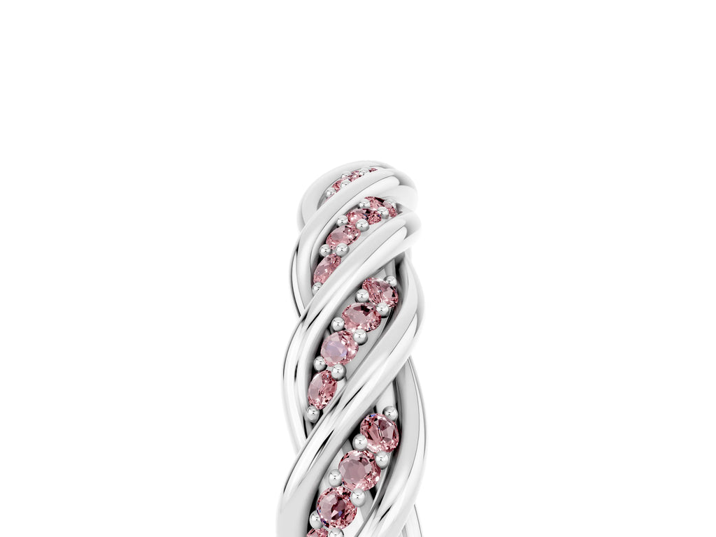 Twisted Pavé Round Morganite Eternity Band in Silver with Shared Prong Setting