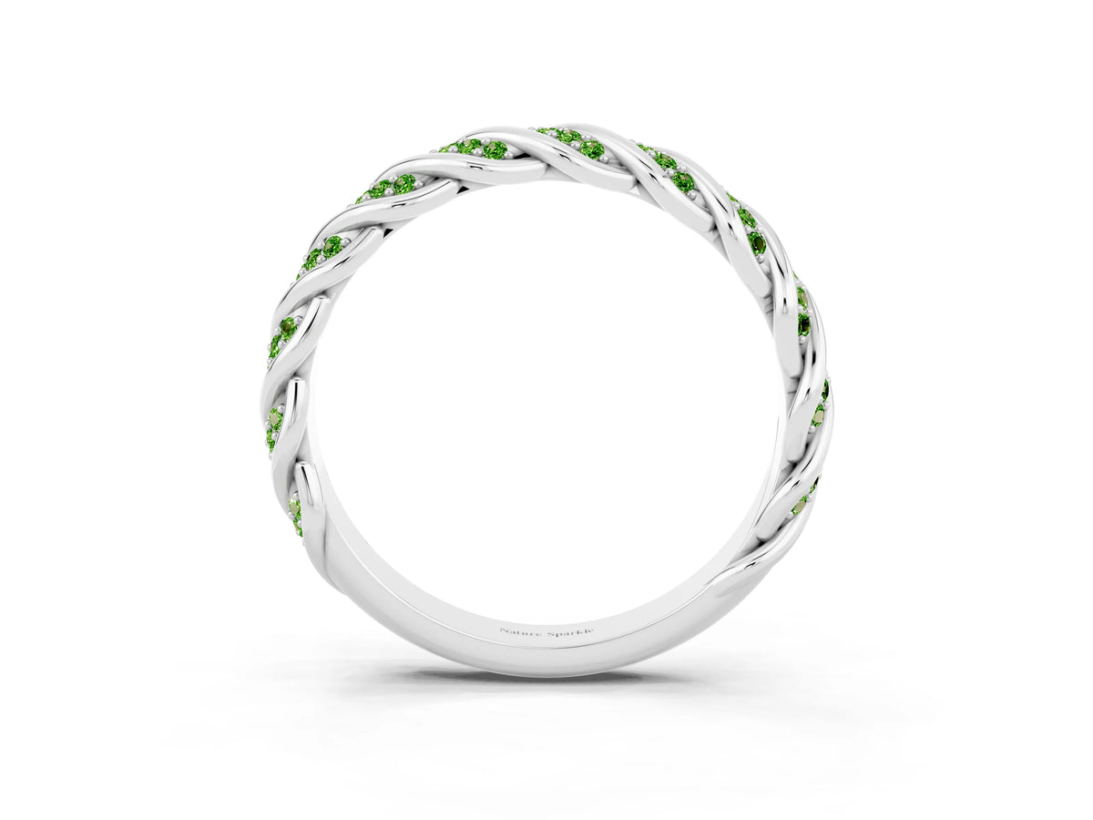 Twisted Pavé Round Peridot Eternity Band in Platinum with Shared Prong Setting