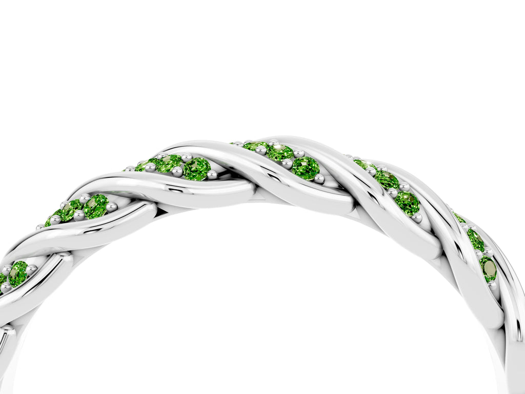 Twisted Pavé Round Peridot Eternity Band in Silver with Shared Prong Setting