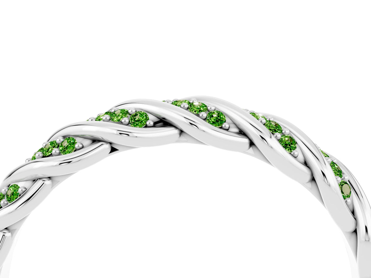 Twisted Pavé Round Peridot Eternity Band in Silver with Shared Prong Setting