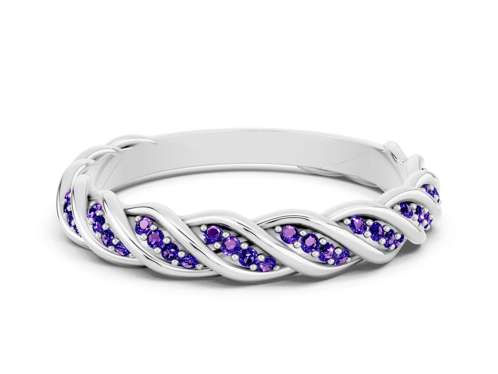 Twisted Pavé Round Tanzanite Eternity Band in Platinum with Shared Prong Setting 