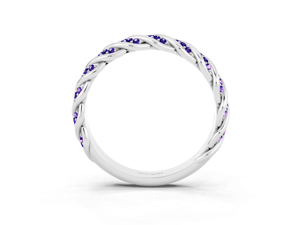 Twisted Pavé Round Tanzanite Eternity Band in Platinum with Shared Prong Setting