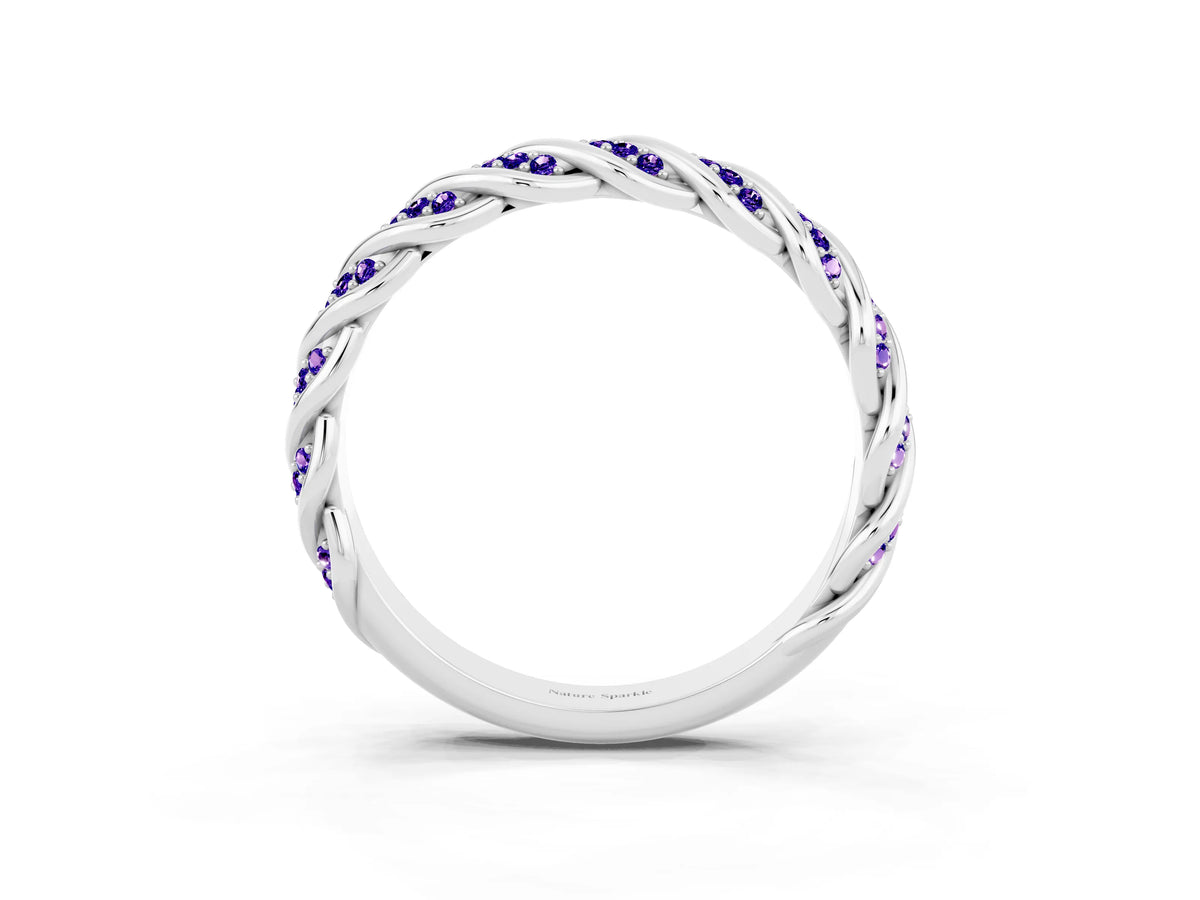 Twisted Pavé Round Tanzanite Eternity Band in Platinum with Shared Prong Setting