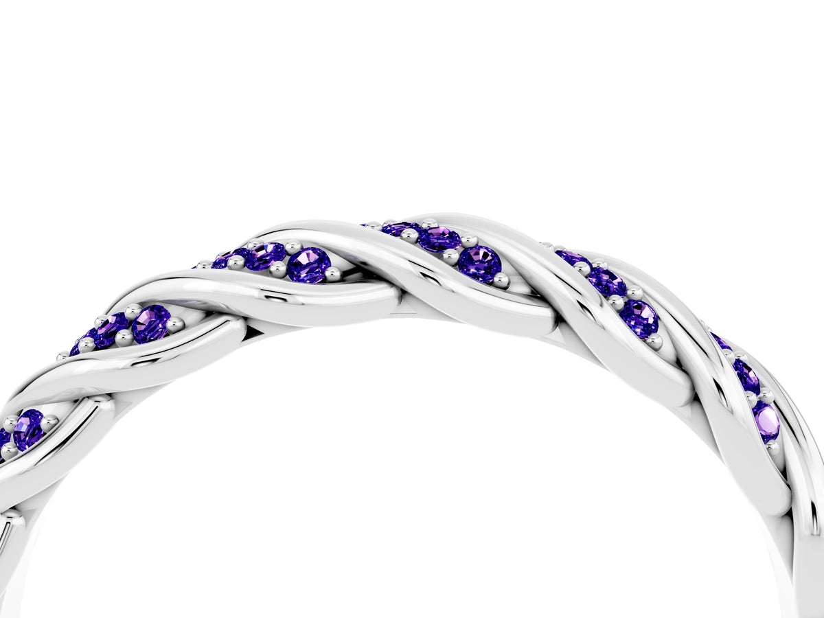 Twisted Pavé Round Tanzanite Eternity Band in Platinum with Shared Prong Setting