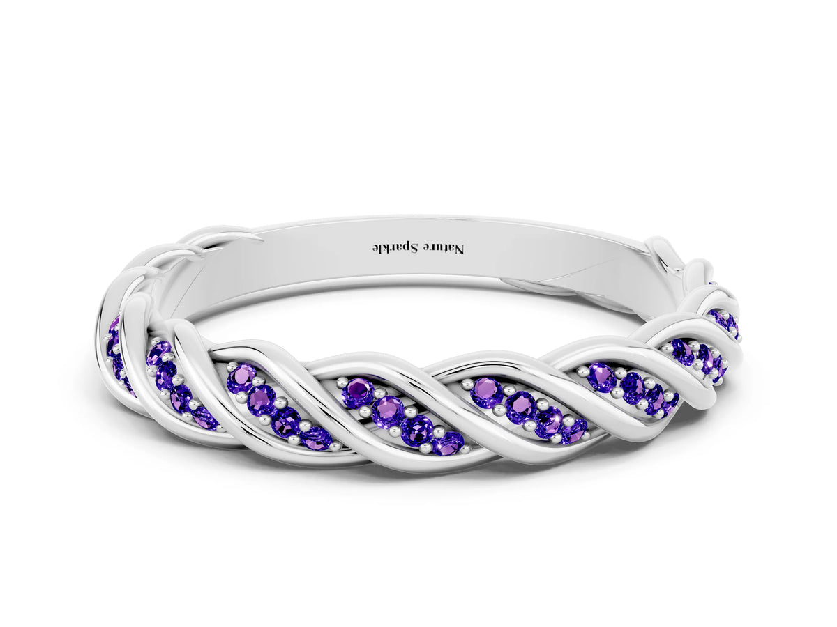 Twisted Pavé Round Tanzanite Eternity Band in White gold with Shared Prong Setting