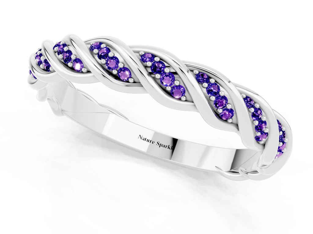Twisted Pavé Round Tanzanite Eternity Band in White gold with Shared Prong Setting