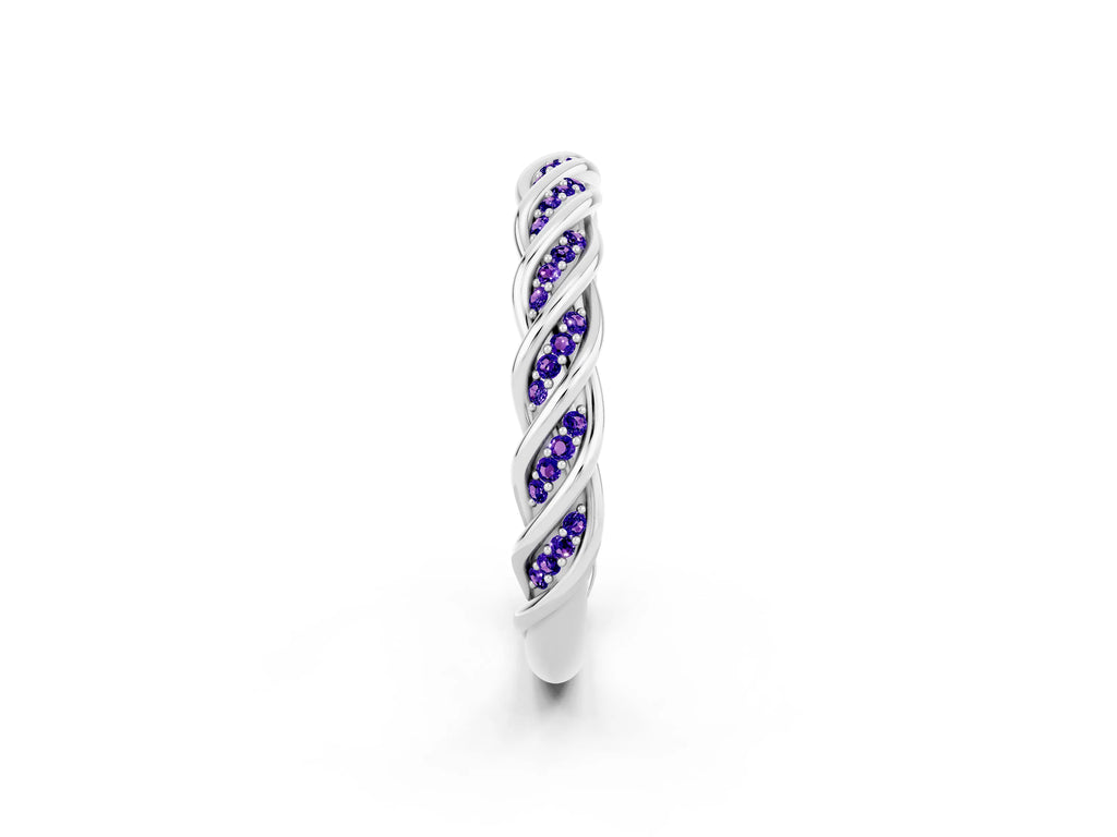 Twisted Pavé Round Tanzanite Eternity Band in White gold with Shared Prong Setting