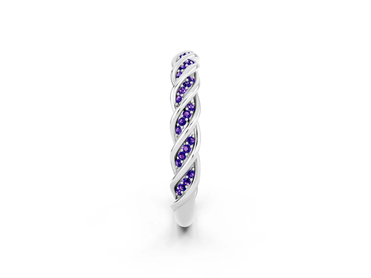 Twisted Pavé Round Tanzanite Eternity Band in White gold with Shared Prong Setting