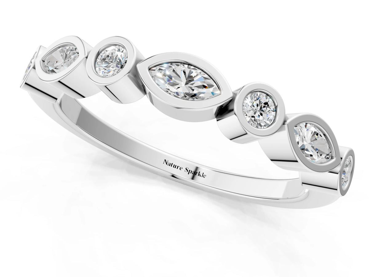 White gold Bezel Set Marquise and Round Diamond Stackable Band