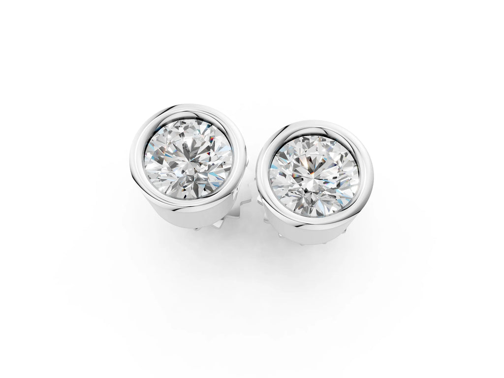 White gold Bezel Set Round Diamond Stud Earrings with Push Back