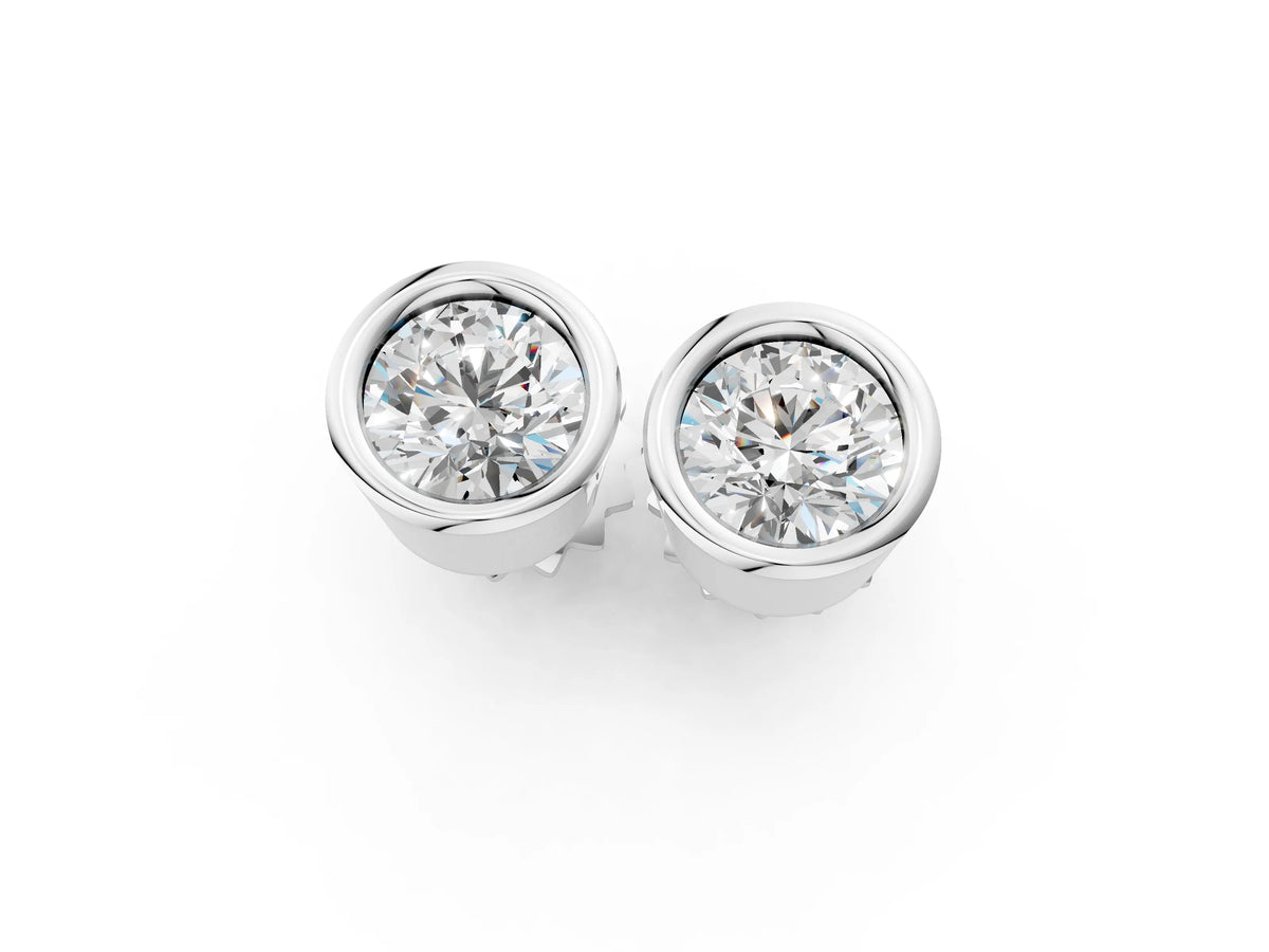 White gold Bezel Set Round Diamond Stud Earrings with Push Back