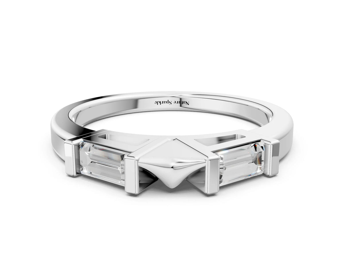 Silver Channel Set Baguette Diamond Flat Band with Bar Prong Setting
