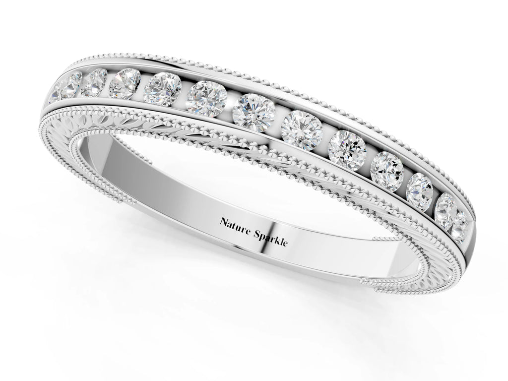 White gold Channel Set Round Diamond Milgrain Edge Wedding Band