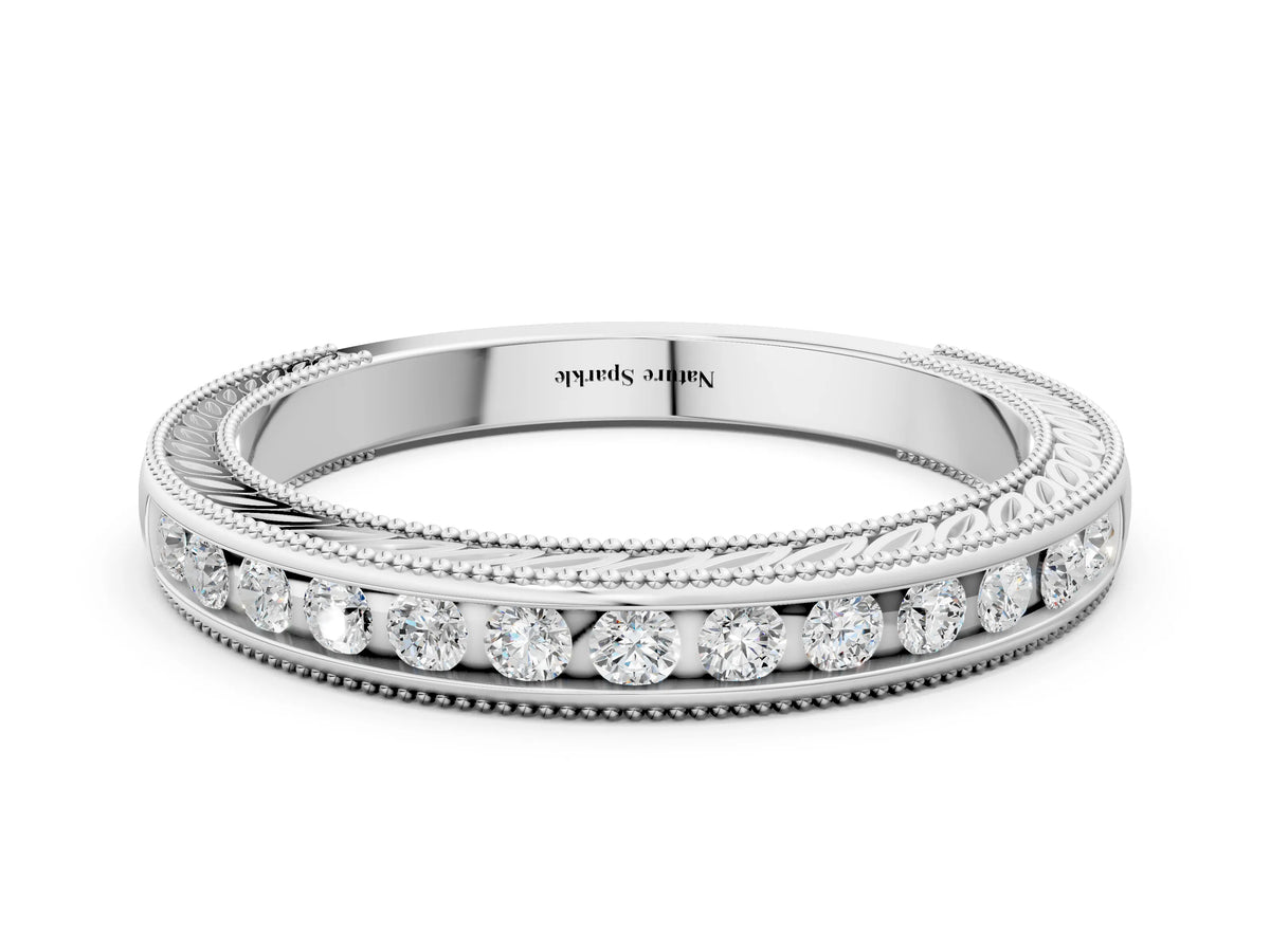 White gold Channel Set Round Diamond Milgrain Edge Wedding Band