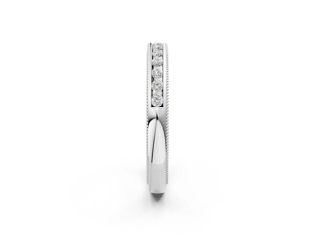 White gold Channel Set Round Diamond Milgrain Edge Wedding Band