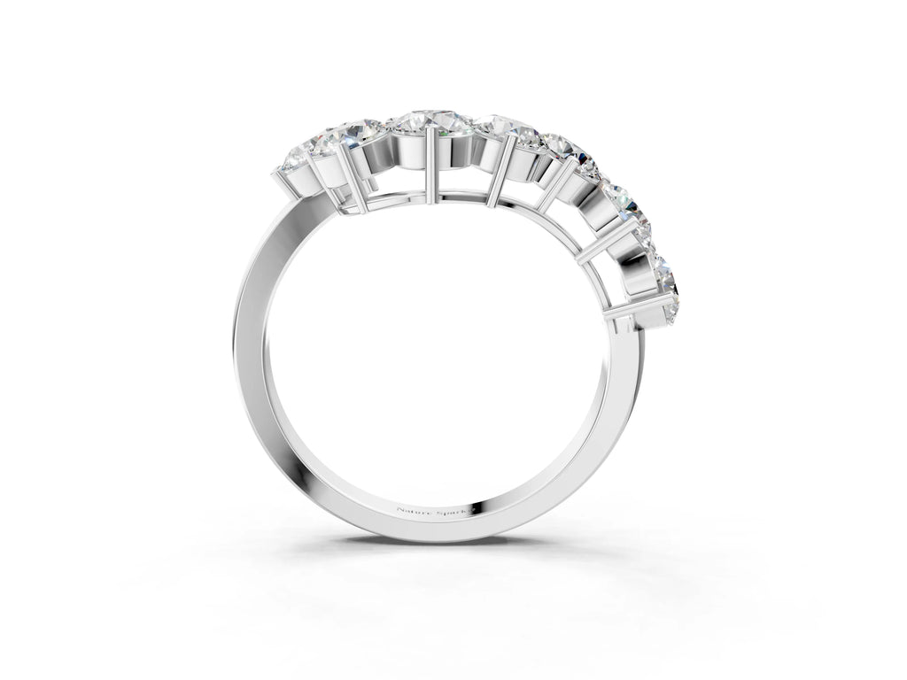 White gold Curved Diamond Cluster Band - Round Stones, Split Shank, Prong Setting