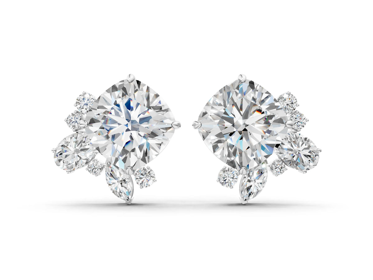 Platinum Cushion Cut Diamond Floral Stud Earrings with Multi-Shape Accents