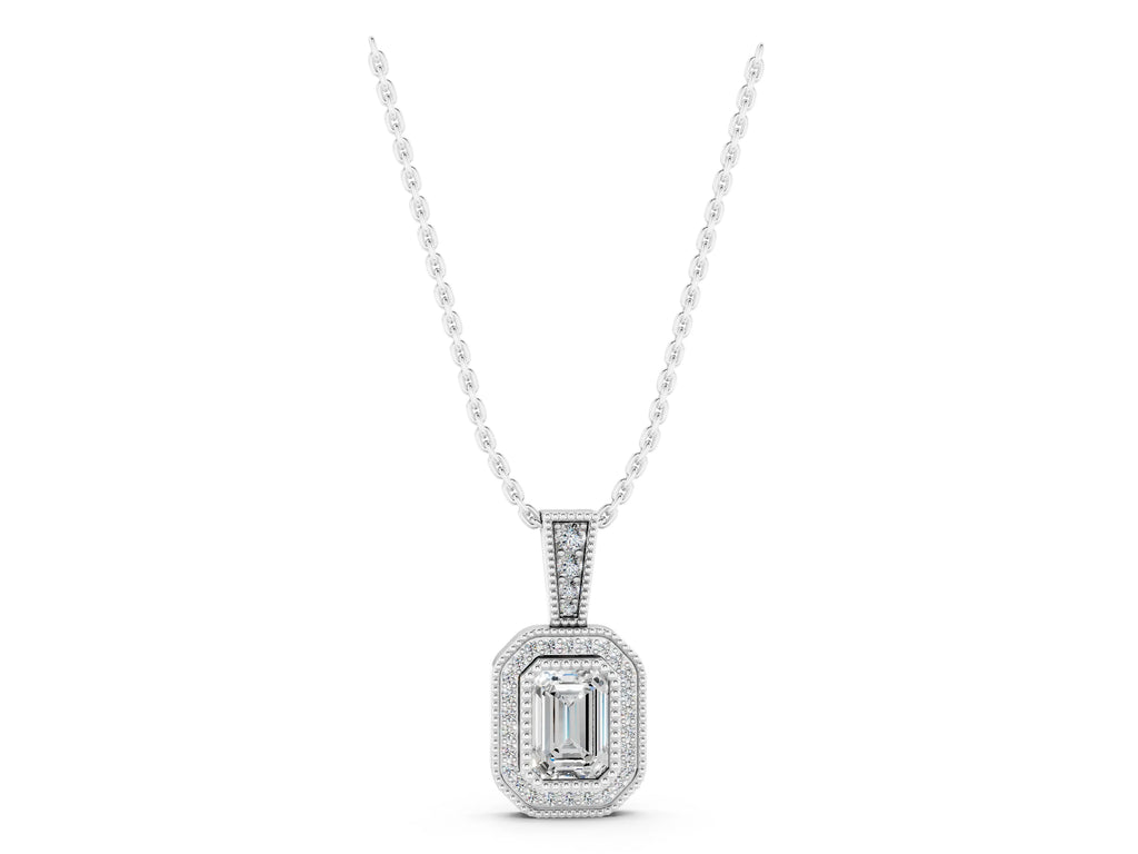 Silver Emerald Cut Halo Diamond Pendant with Pavé Setting
