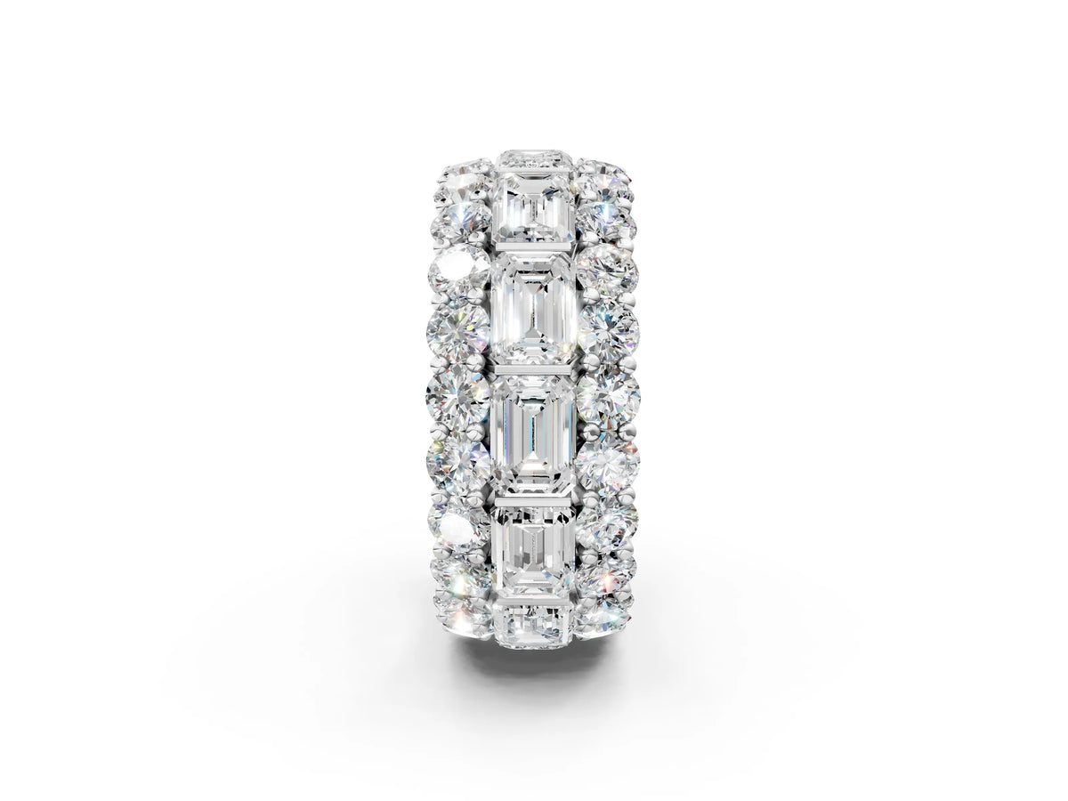 White gold Emerald Cut and Round Diamond Three-Row Eternity Mens Band