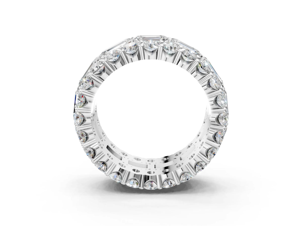 Platinum Emerald Cut and Round Diamond Three-Row Eternity Mens Band