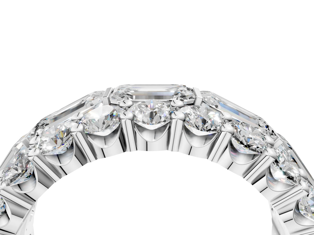 Platinum Emerald Cut and Round Diamond Three-Row Eternity Mens Band