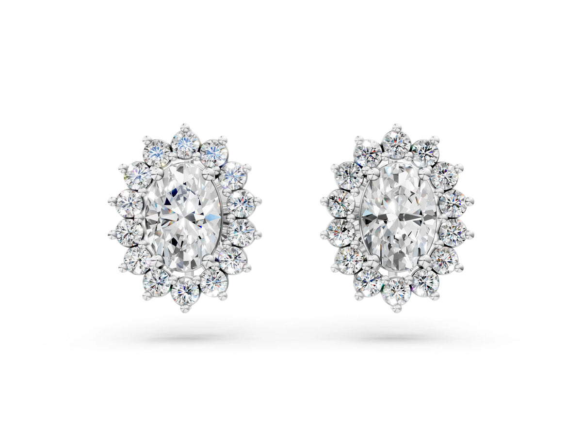 Silver Oval Diamond Floral Halo Stud Earrings